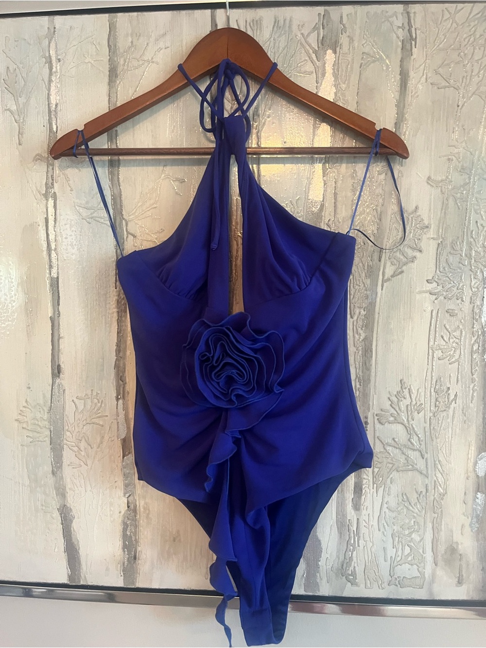 NWOT Zara Halter Halter Crossover Bodysuit Rose Rosette Electric Purple Blue M - Picture 6 of 8